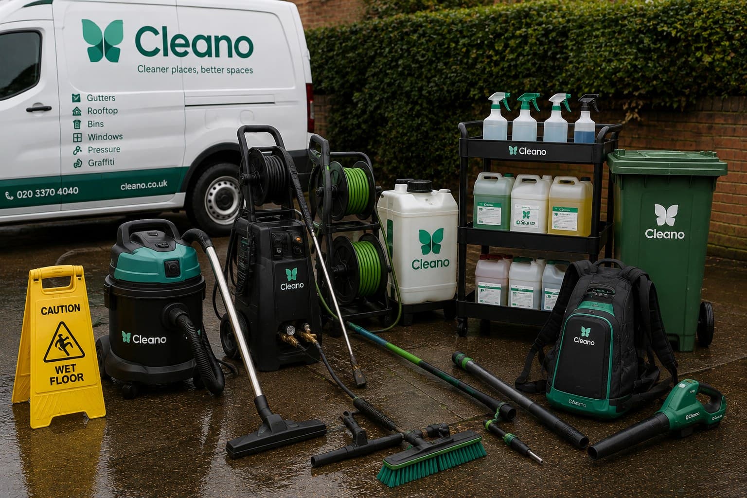 Cleano's branded cleaning equipment - pressure washer, hose reels, chemicals and tools, laid out beside the van