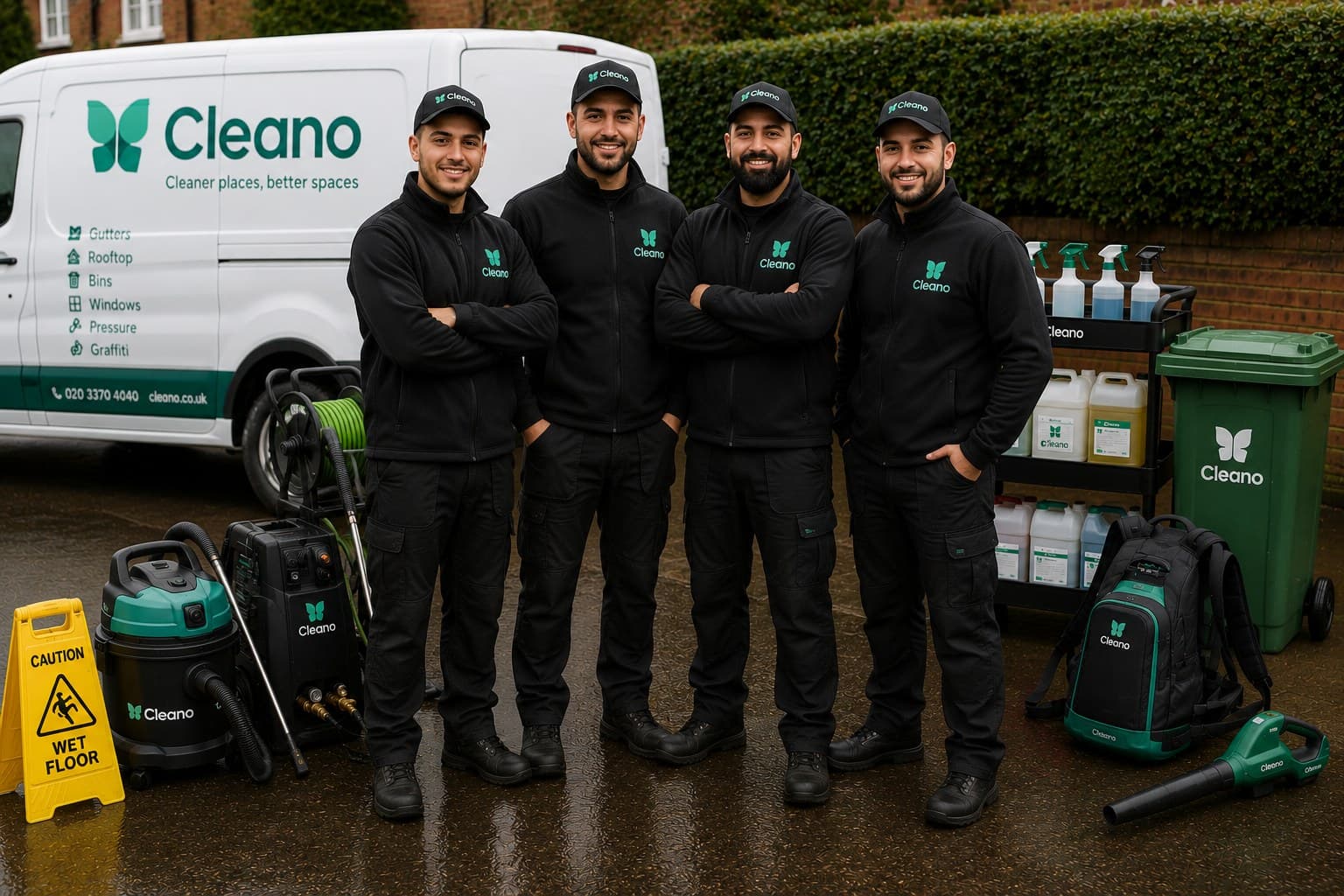 The Cleano team in branded uniforms, standing beside the Cleano van and equipment