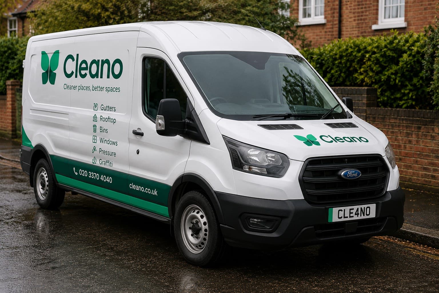A Cleano branded van, liveried with the Cleano logo and list of services