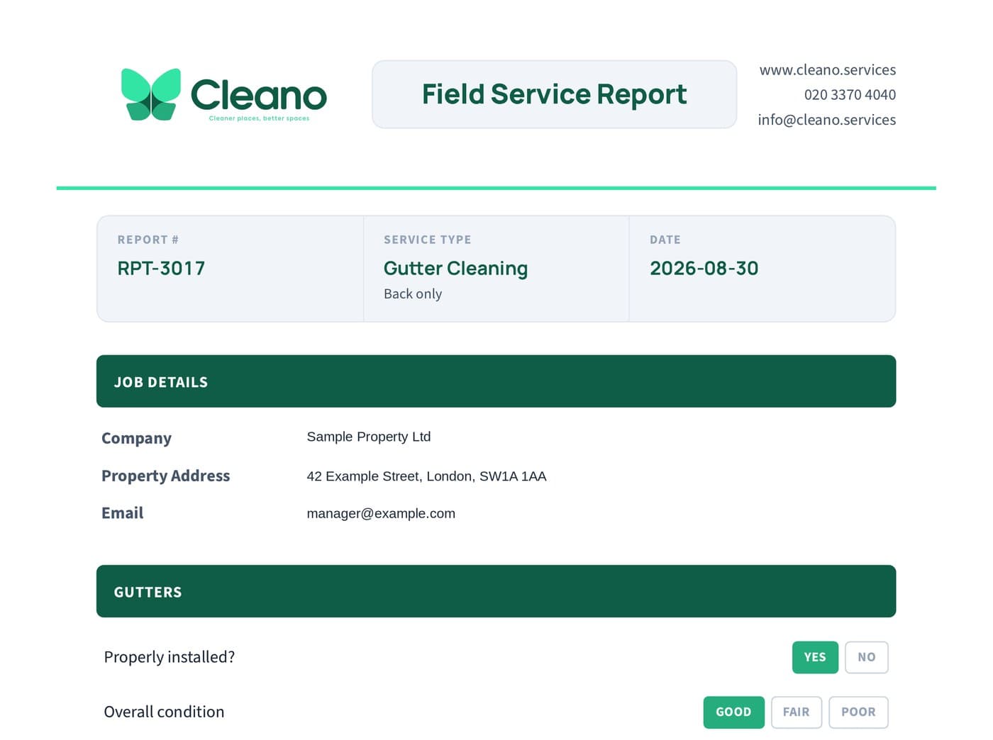 A real Cleano Field Service Report, showing the job details and checklist sent to customers after every job