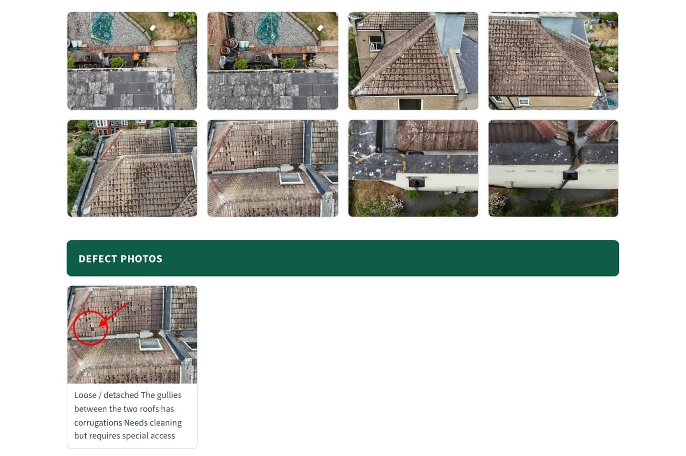 Real before photos from a Cleano Field Service Report, plus an annotated defect photo flagging an issue for the customer